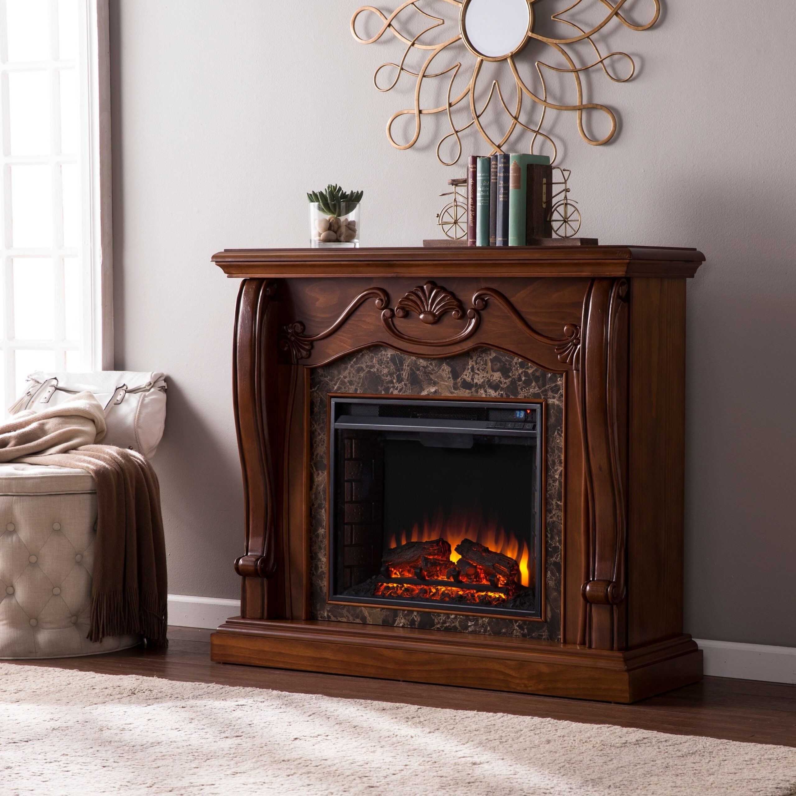 outstanding corina electric fireplace w/ faux marble, walnut walmart electric fire logs for fireplace image