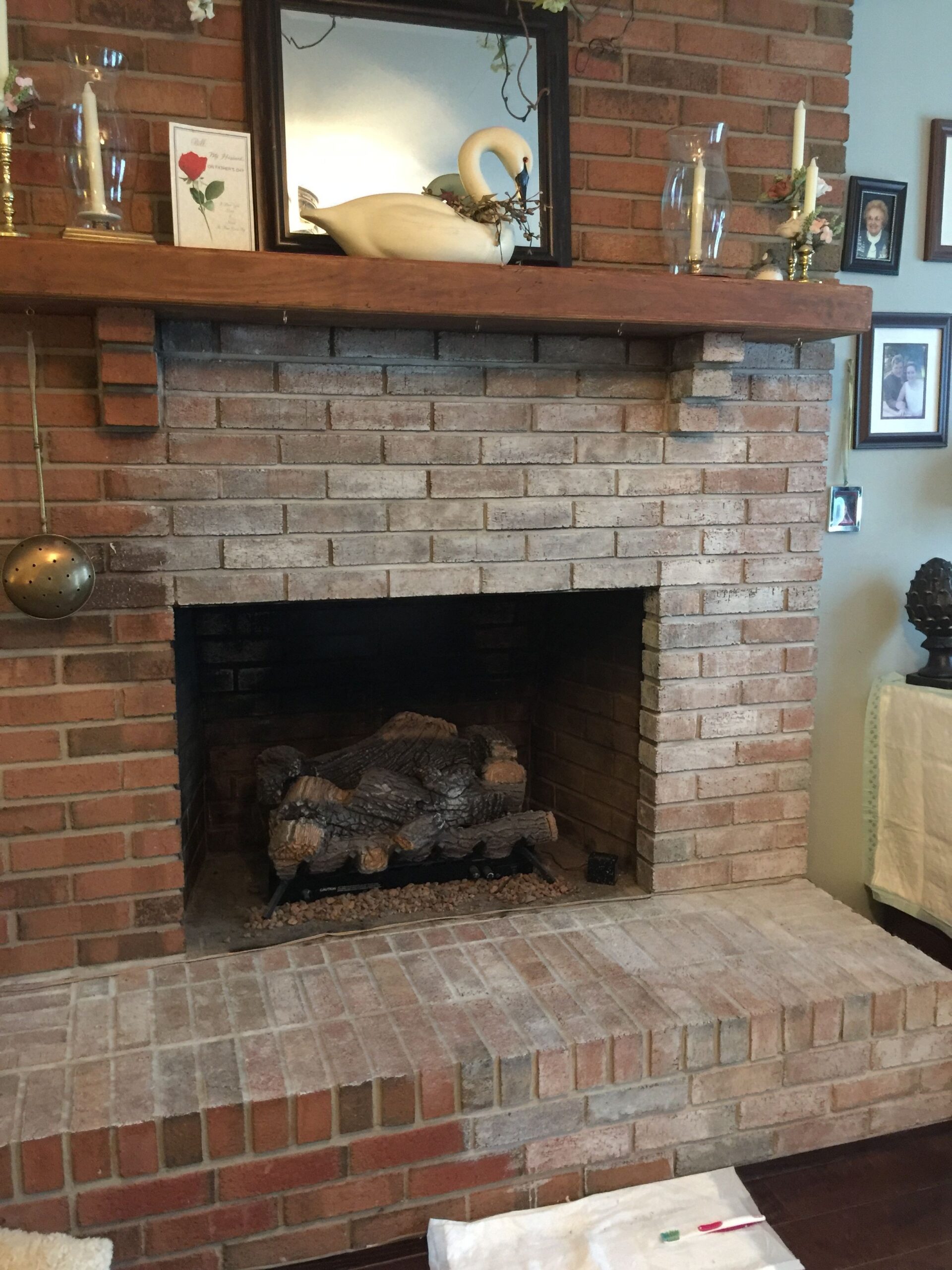 picture of day 2 whitewashing brick fireplace | fireplace, brick fireplace, diy fireplace fire brick repair picture