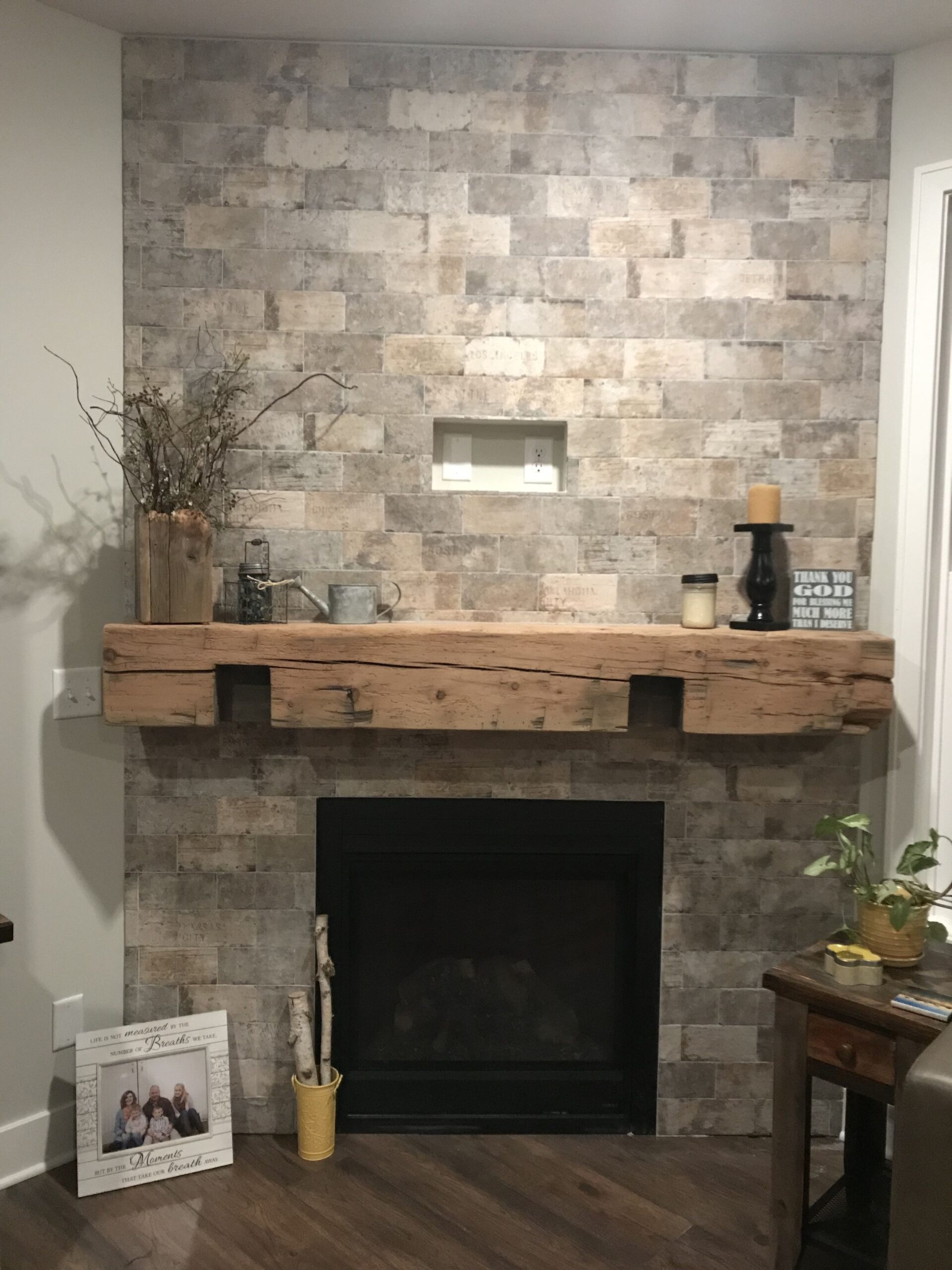 splendid my tile brick fireplace with barnwood mantle | fireplace remodel how to resurface brick fireplace picture