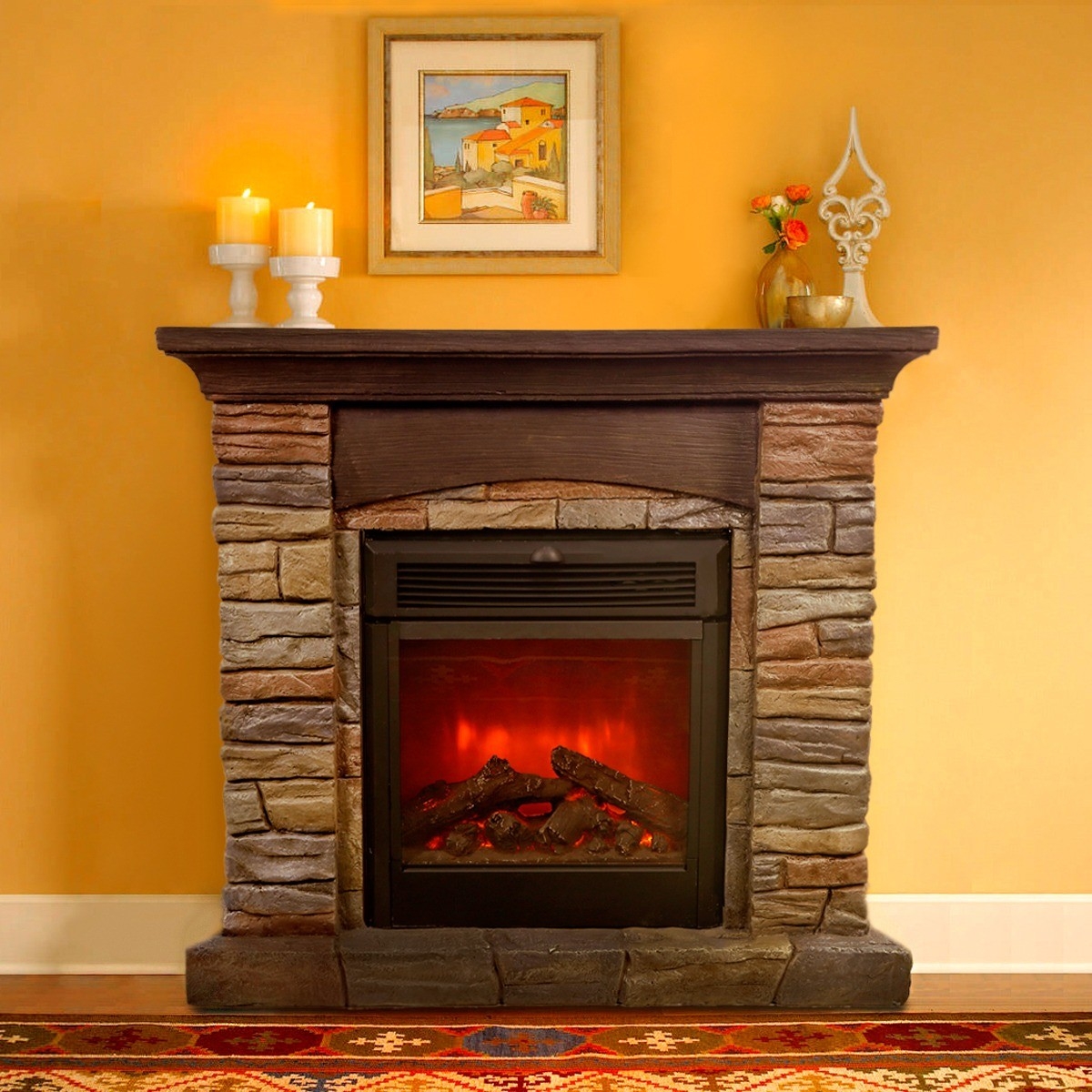 stunning 32" electric fireplace 1500w ledge stone realistic flame heater electric fire logs for fireplace picture