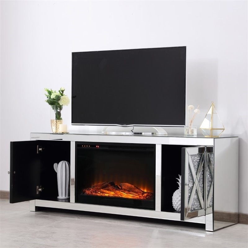 stylish elegant decor modern 59" clear silver mirrored faux log fireplace tv tv stand with fake fireplace photo