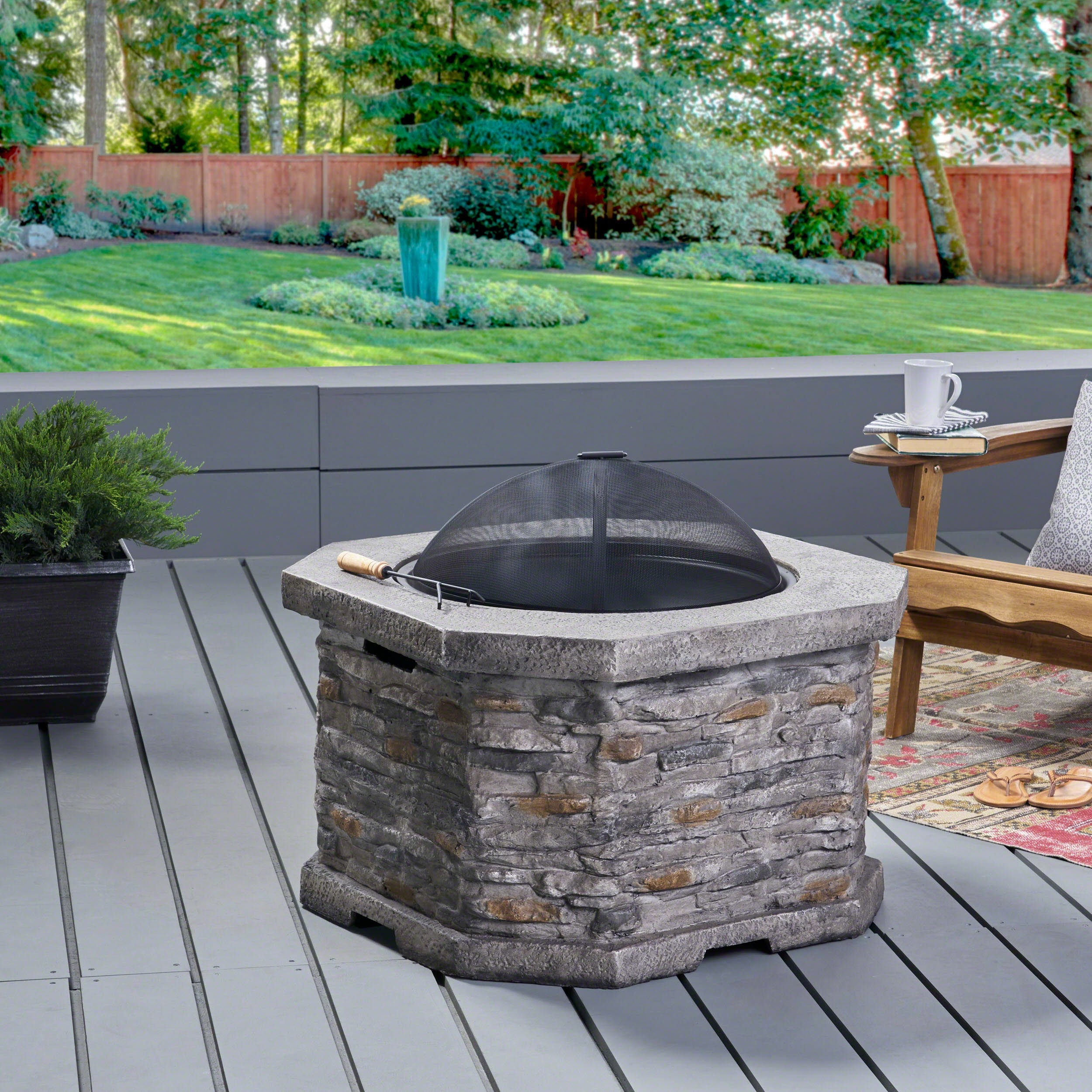 stylish outdoor 32" wood burning light weight concrete octagon fire pit, grey can i burn my fireplace today pics