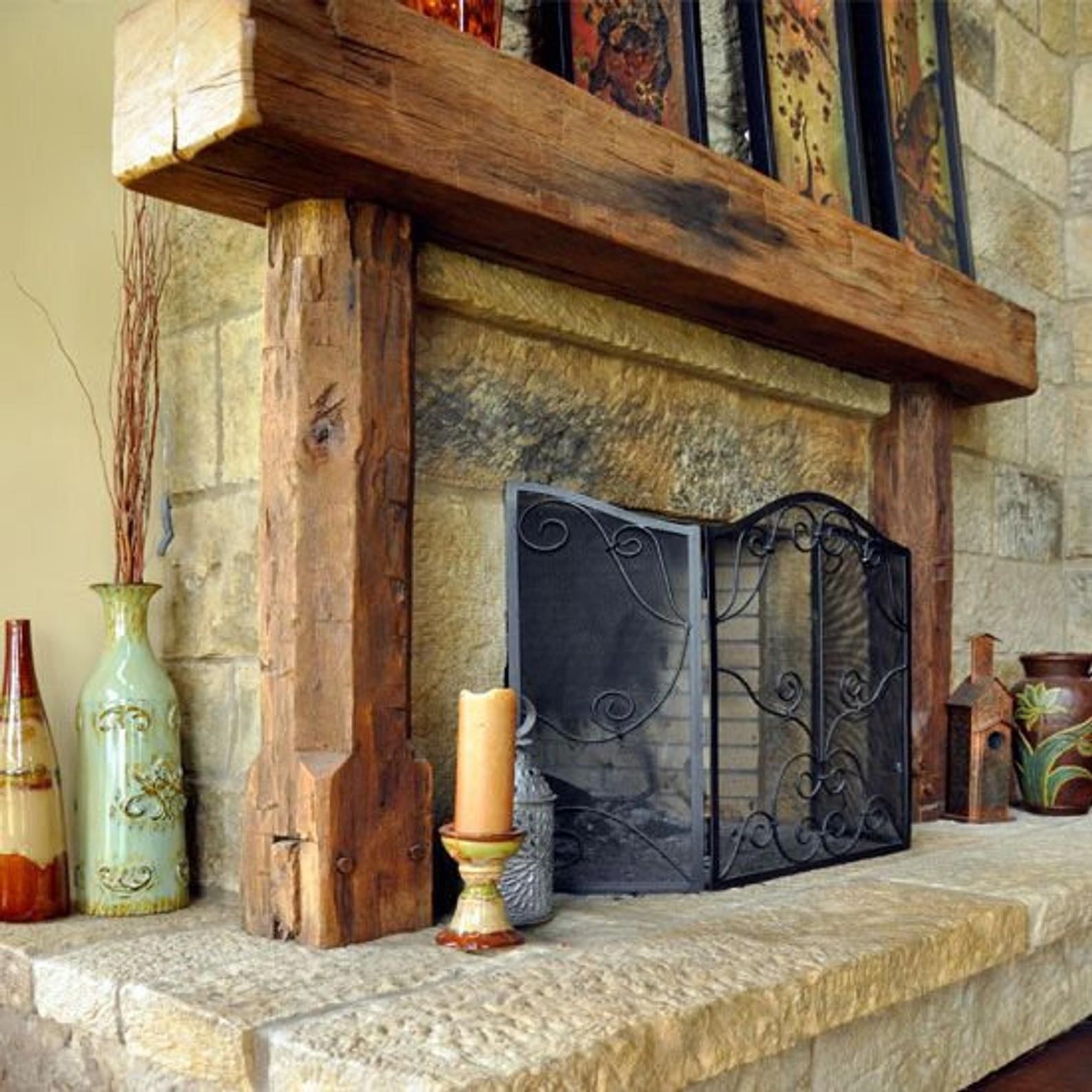 stylish rustic full mantel made from 8" x 8" wood beam fireplace mantel shelf lamps for fireplace mantels photo