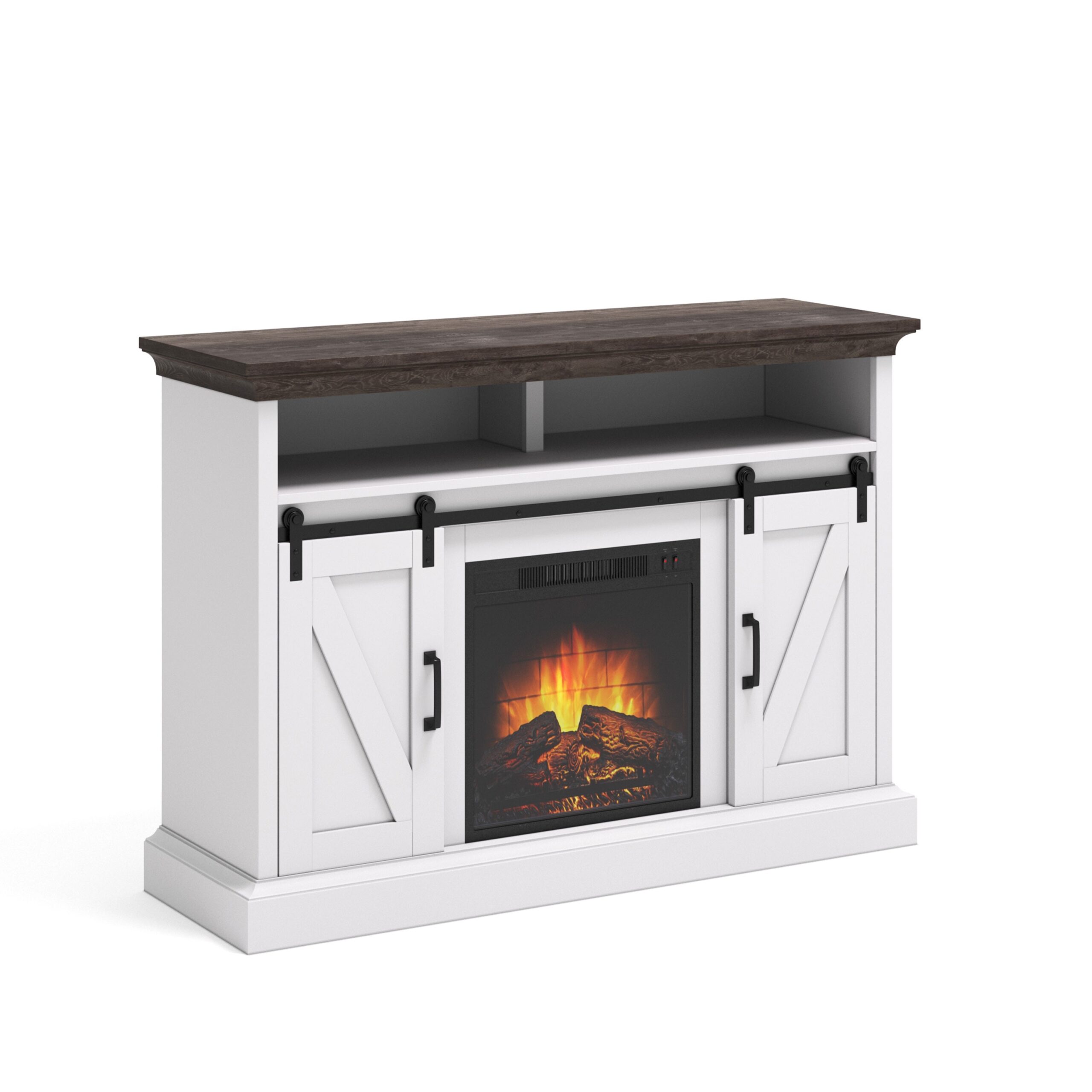 top whalen allston barn door fireplace tv stand for tvs up to 58″, white best energy efficient electric fireplaces picture